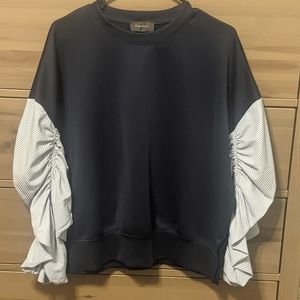 Blue Striped Ruffle Arm Sweater